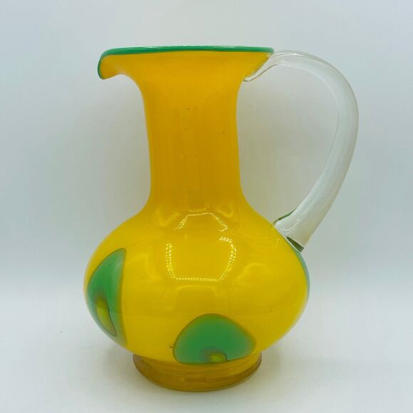 Large Vintage Hand Blown Glass Pitcher Bright Yellow & Green Mid-Century 1960s - Picture 2 of 12